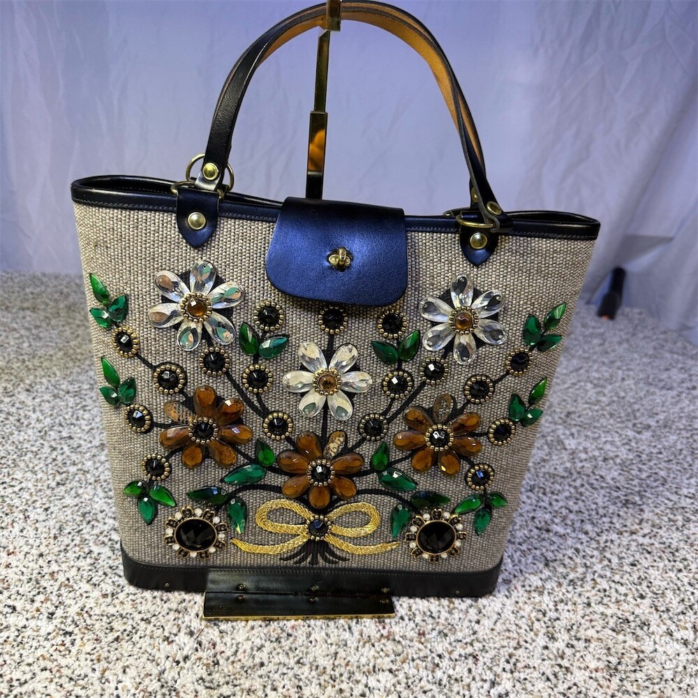 Enid Collins of Texas Tote Purse Womens Tan Floral Jeweled Vintage Canvas